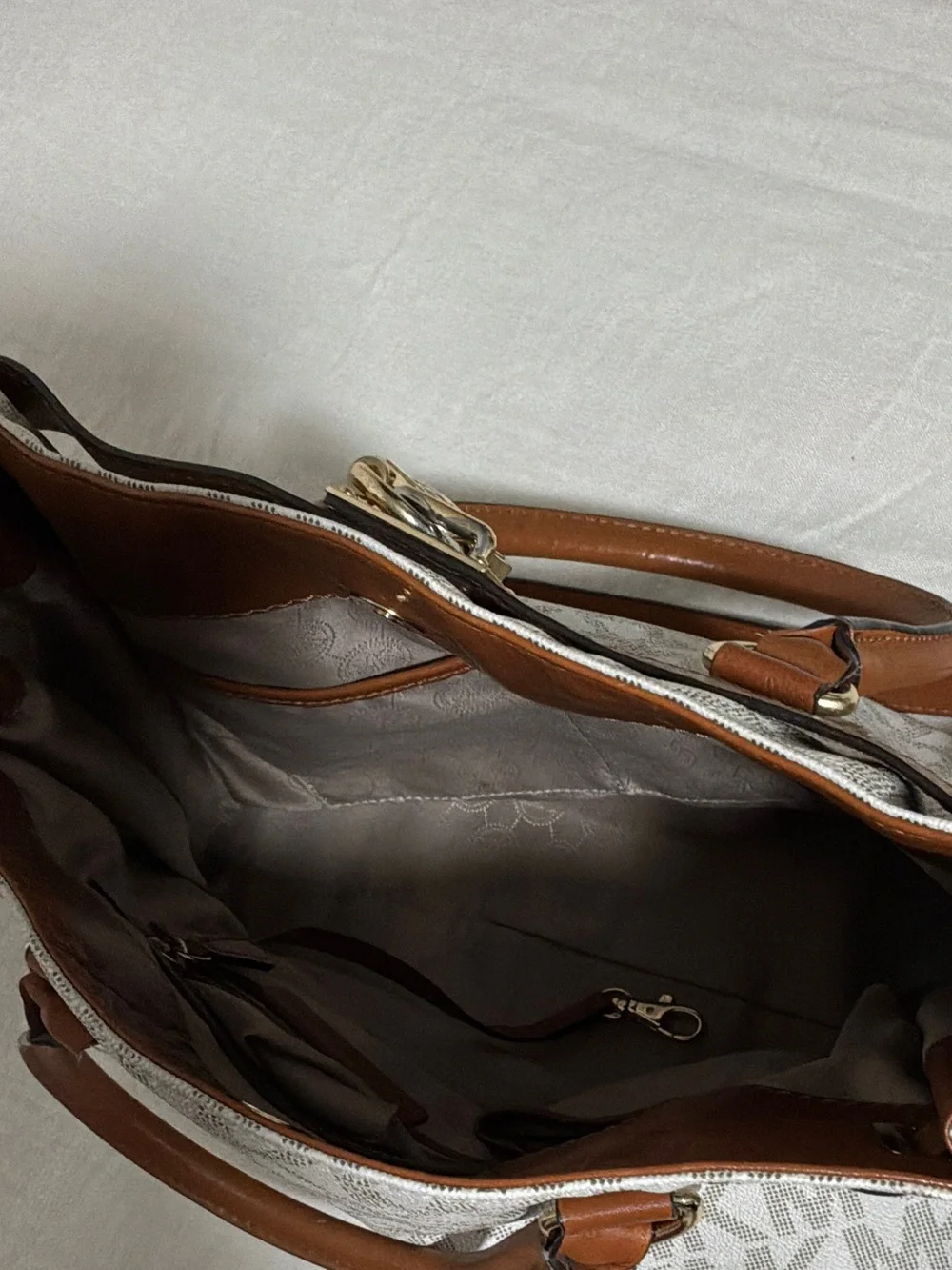 Michael Kors Cream and Brown MK Signature Tote with Gold Hardware